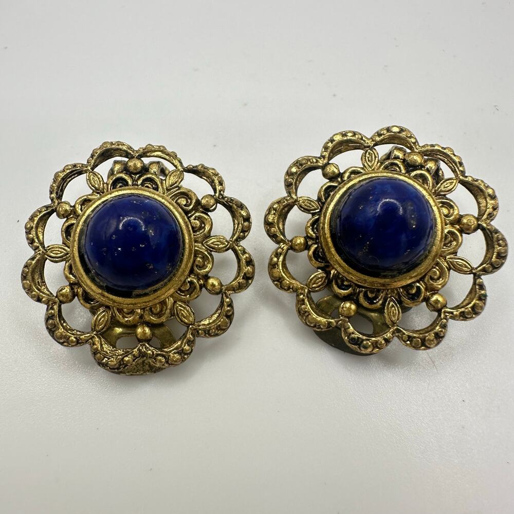 Vintage Gold-Tone Filigree Earrings with Deep Blue Cabochon